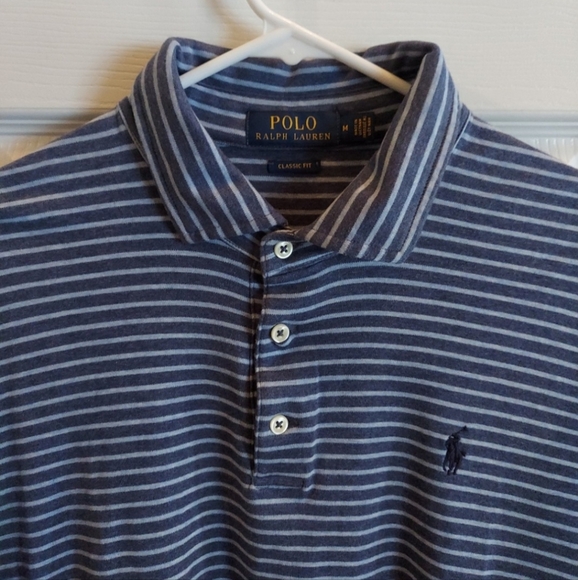 Polo Ralph Lauren Classic Fit Open Sleeve Blue Striped Polo Shirt Blue MED EUC! - Picture 3 of 7